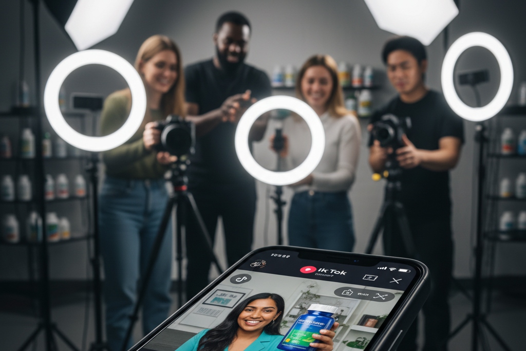 TikTok Shop interface alongside a creator filming a product review