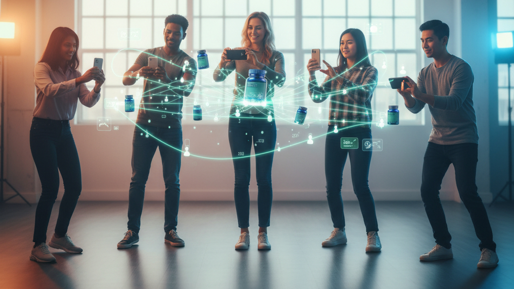 Content creators reviewing health supplement products on smartphones
