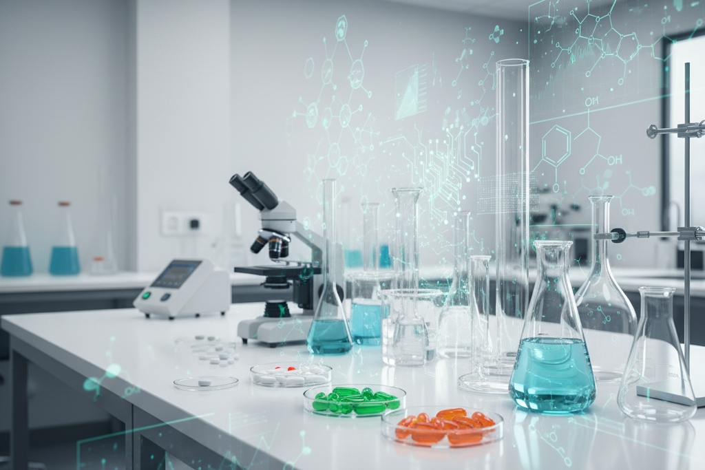 Laboratory glassware and supplement capsules with overlaid data visualizations